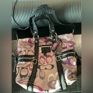 Coach grey, black, purple, white and silver handbag.